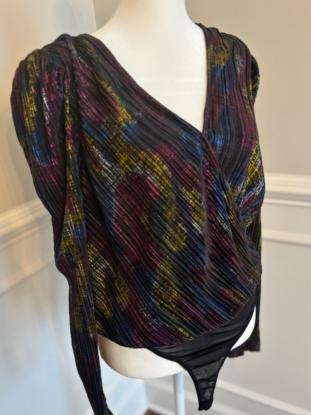 Jealous Tomato Black Metallic Multicolor Pleated Wrap Bodysuit
